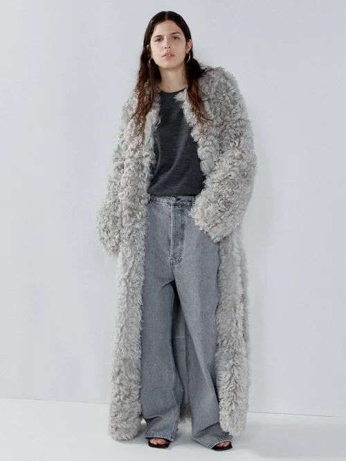 Collarless Curly Shearling Maxi Coat - Womens - Grey