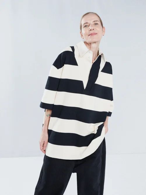 Oversized Striped Cotton Rugby Shirt - Womens - Navy Stripe