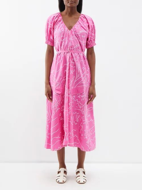 Printed Puff-sleeve Cotton-poplin Midi Dress - Womens - Pink