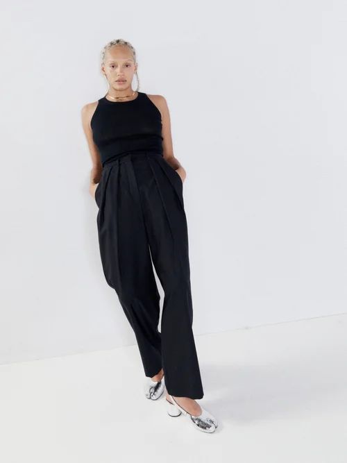 High-waist Pleat Front Organic Wool Trousers - Womens - Navy