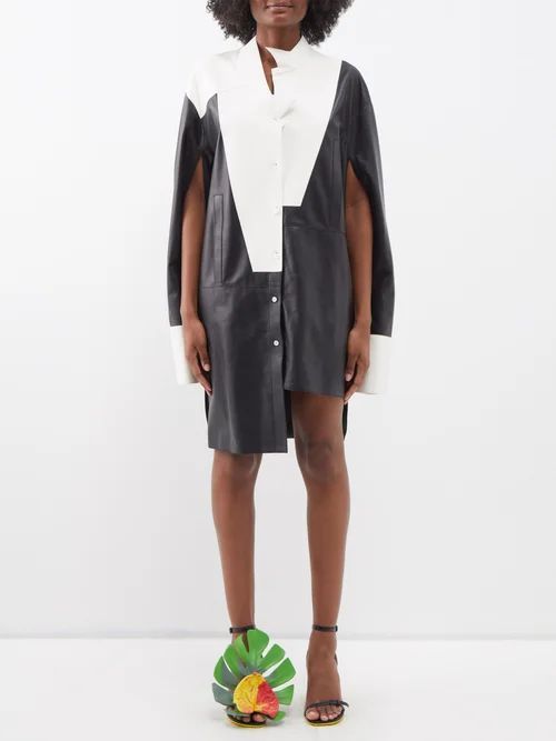 Asymmetric Panelled Leather Shirt Dress - Womens - Black White