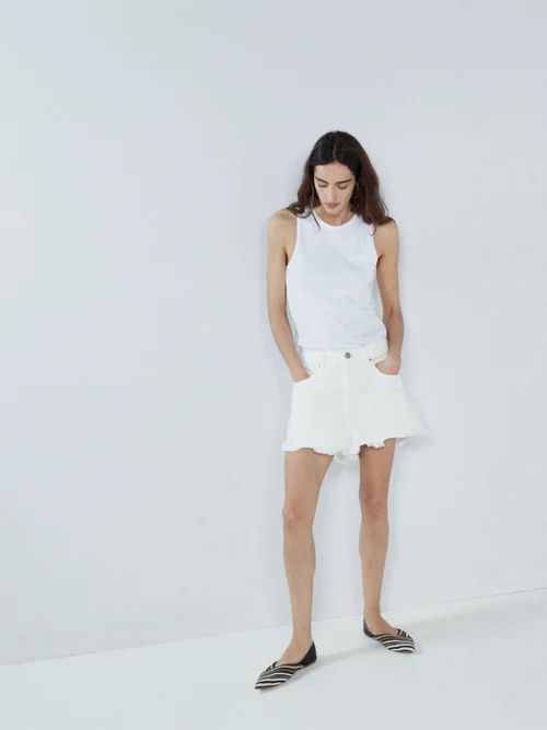 Tahiti Frayed-hem Organic Cotton Denim Shorts - Womens - White