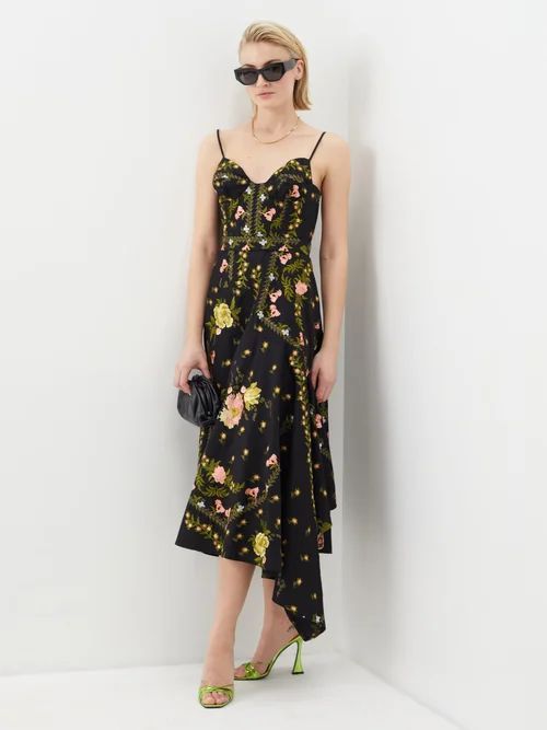 Samara Floral-embroidered Cotton-faille Midi Dress - Womens - Black Multi