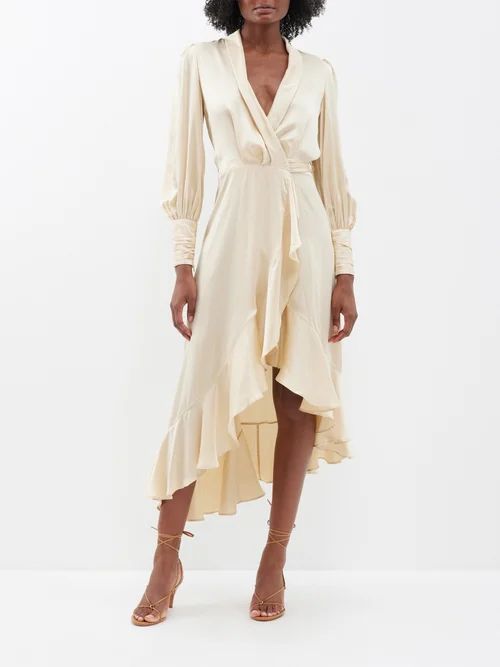 Ruffled Asymmetric Silk-satin Wrap Dress - Womens - Cream