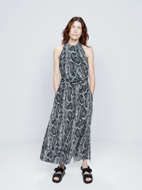 Snake Print Silk Halter Neck Dress - Womens - Python