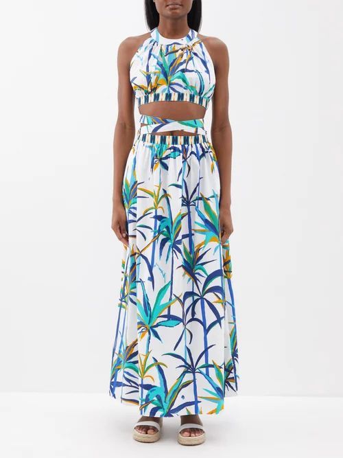 Alaia Cutout Tropical-print Cotton Maxi Dress - Womens - Blue Print