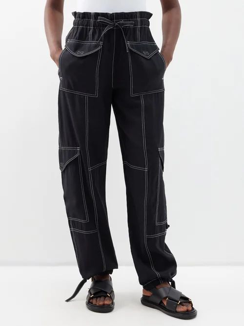 Paperbag-waist Contrast-stitch Cargo Trousers - Womens - Black