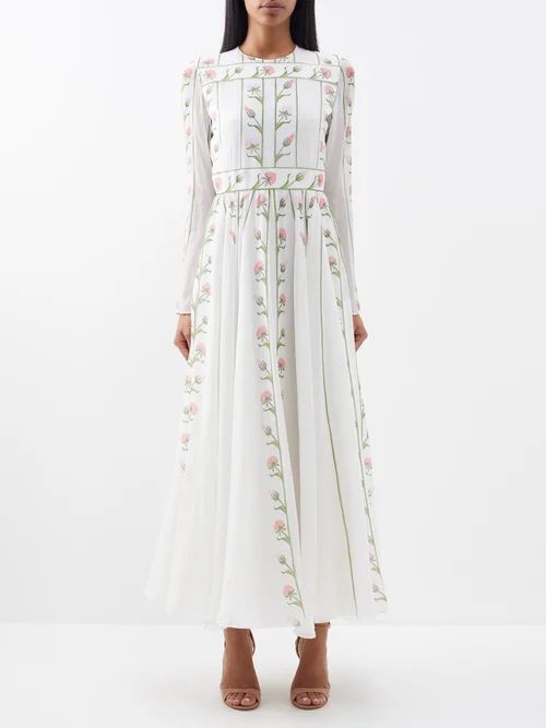 Flower-print Georgette Maxi Dress - Womens - White Pink Green