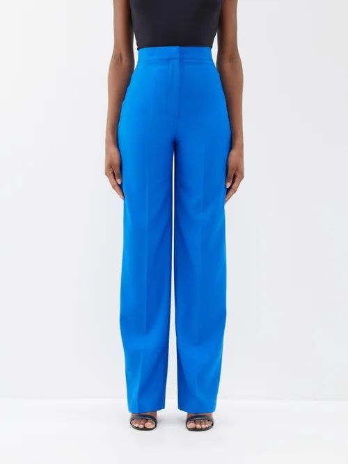 High-rise Pleated Twill Suit Trousers - Womens - Blue