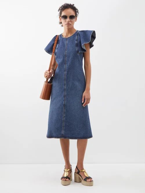 Ruffle-sleeve Denim Midi Dress - Womens - Denim