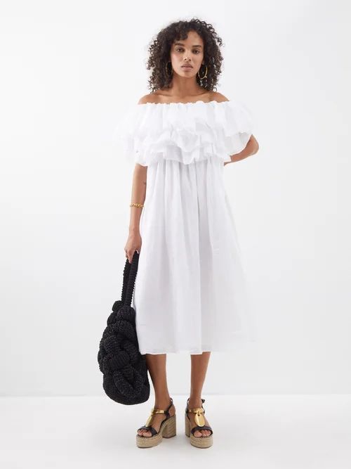 Off-the-shoulder Ruffled Voile Dress - Womens - White