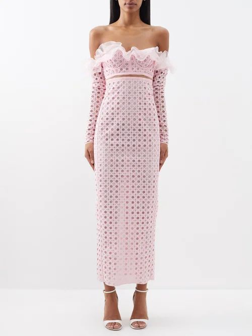 Off-the-shoulder Macramé Midi Dress - Womens - Light Pink