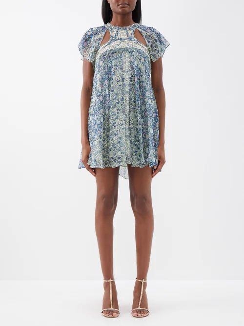Odile Cutout Floral-print Chiffon Mini Dress - Womens - Blue Multi