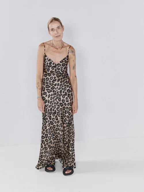 V-neck Leopard-print Silk-satin Maxi Dress - Womens - Brown Print