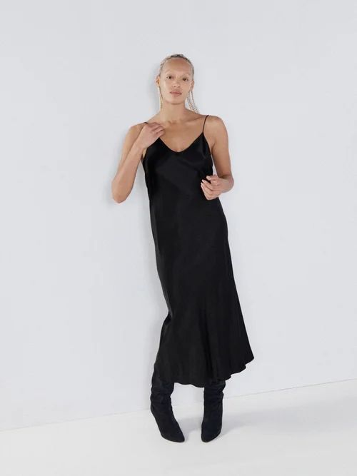 Thin-strap Satin Midi Dress - Womens - Black