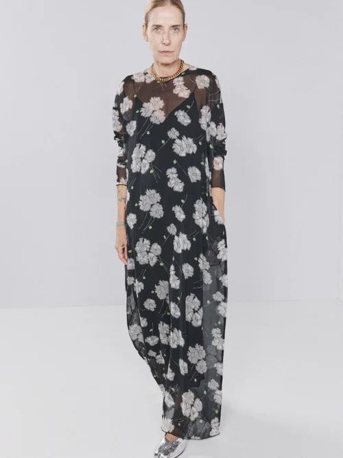 Tie-back Frazzled Poppy Silk Print Dress - Womens - Black Print