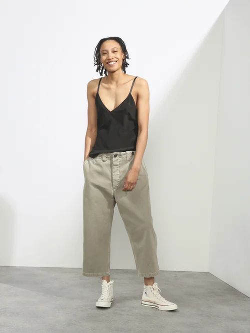 Wide-leg Organic-cotton Button-hem Chino Trouser - Womens - Khaki