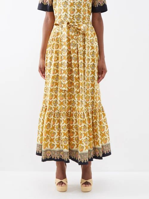 Tiered Apple-print Cotton-blend Midi Skirt - Womens - Cream Multi