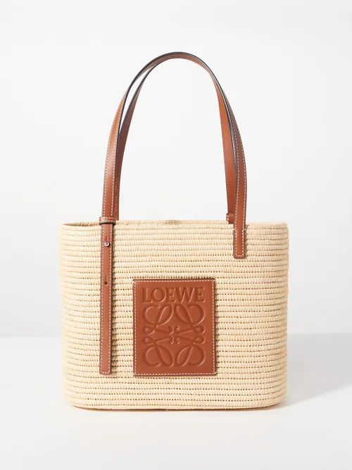 Anagram-logo Leather-trim Raffia Basket Bag - Womens - Tan Multi