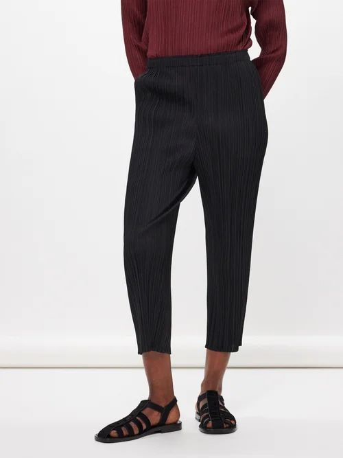 Cropped Technical-pleated Knit Trousers - Womens - Black