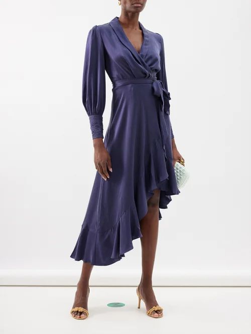 Ruffled Asymmetric Silk-satin Wrap Dress - Womens - Dark Navy