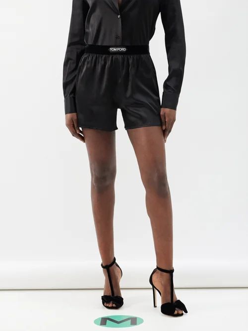 Logo-patch Silk-blend Satin Shorts - Womens - Black