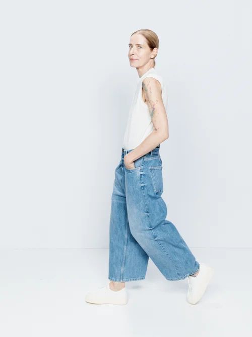 Extra Fold Organic-cotton Blend Wide-leg Jeans - Womens - Light Blue