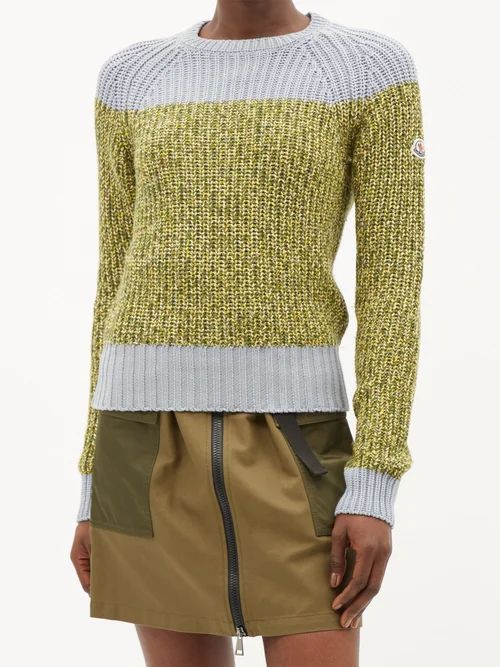 Colour-block Cotton Crewneck Sweater - Womens - Green Multi