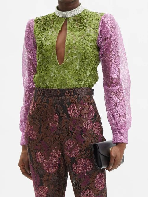 Crystal-embellished Slit-front Lace Blouse - Womens - Green Multi