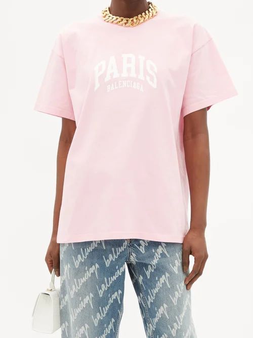 Paris Logo-print Cotton-jersey T-shirt - Womens - Pink White
