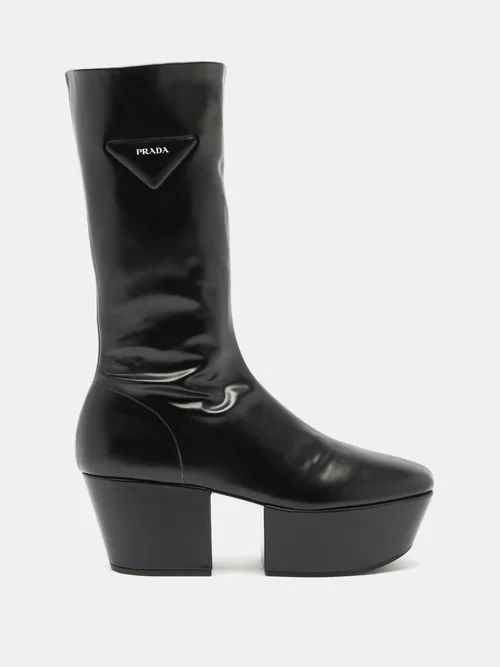 Triangle Logo-patch Leather Platform Boots - Womens - Black