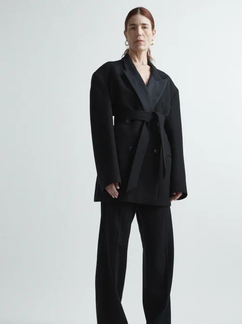 Exaggerated-shoulder Wool-blend Tux Blazer - Womens - Navy