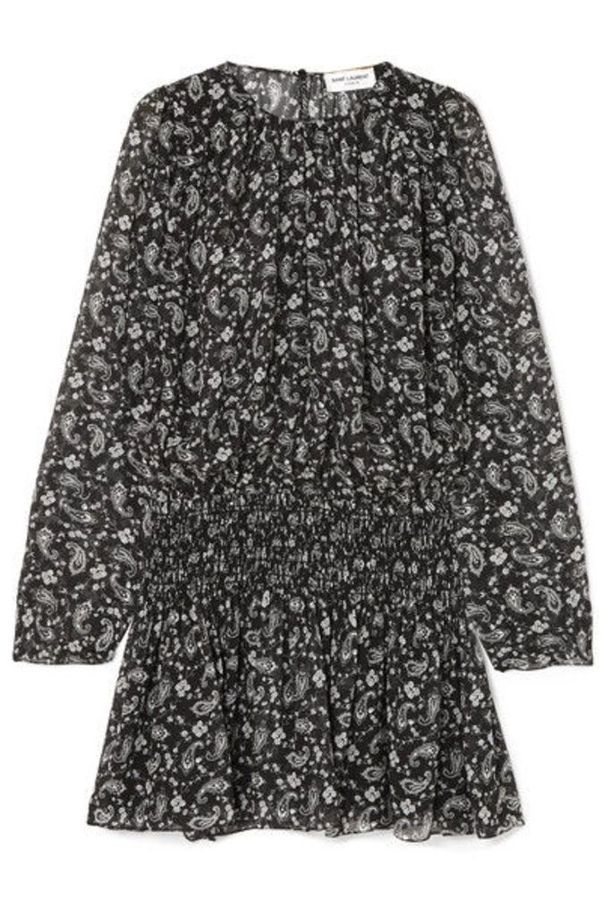 SAINT LAURENT - Shirred Printed Silk-georgette Mini Dress - Black