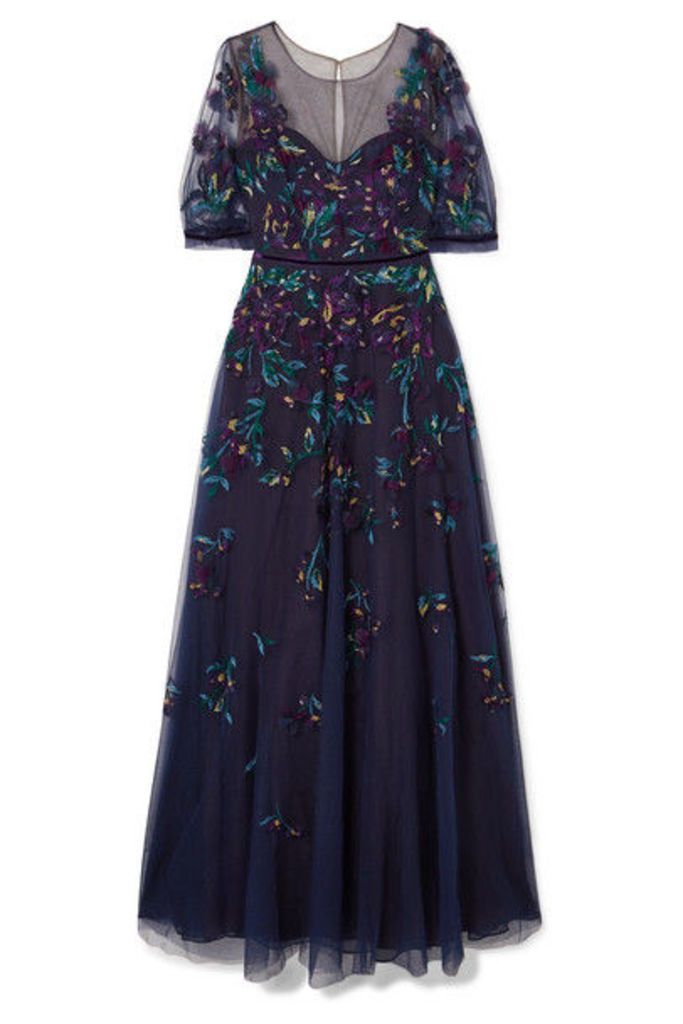 Marchesa Notte - Bead-embellished Embroidered Tulle Gown - Navy