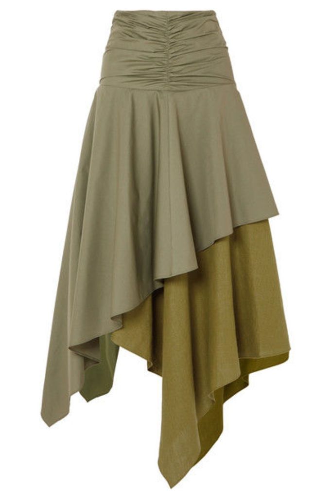 Loewe - Asymmetric Ruffled Poplin And Linen Skirt - Army green