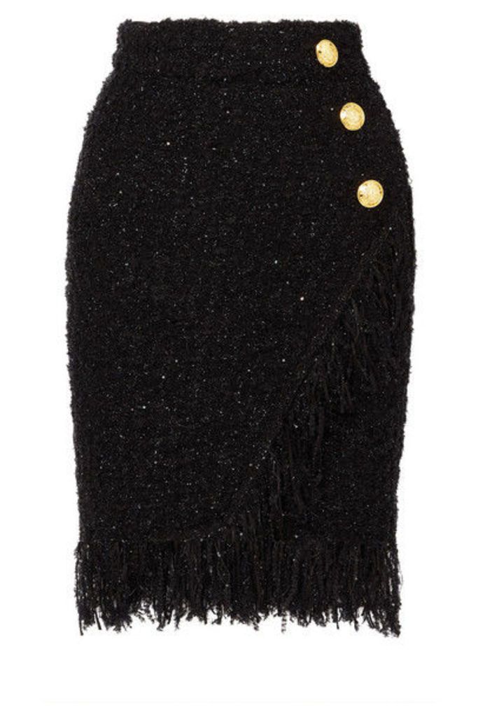 Balmain - Wrap-effect Button-embellished Fringed Metallic Tweed Skirt - Black