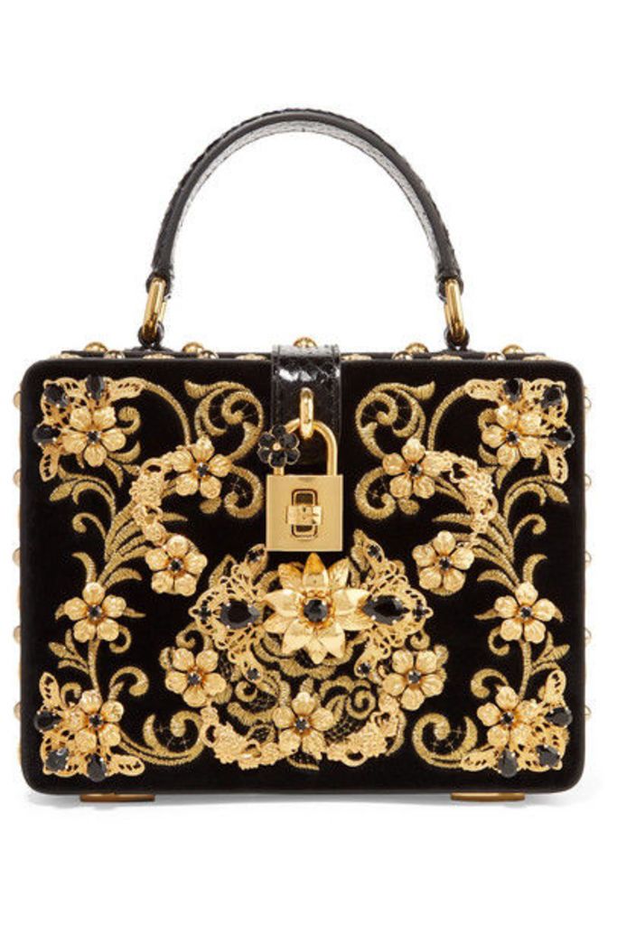 Dolce & Gabbana - Dolce Box Embellished Embroidered Ayers-trimmed Velvet Shoulder Bag - Black