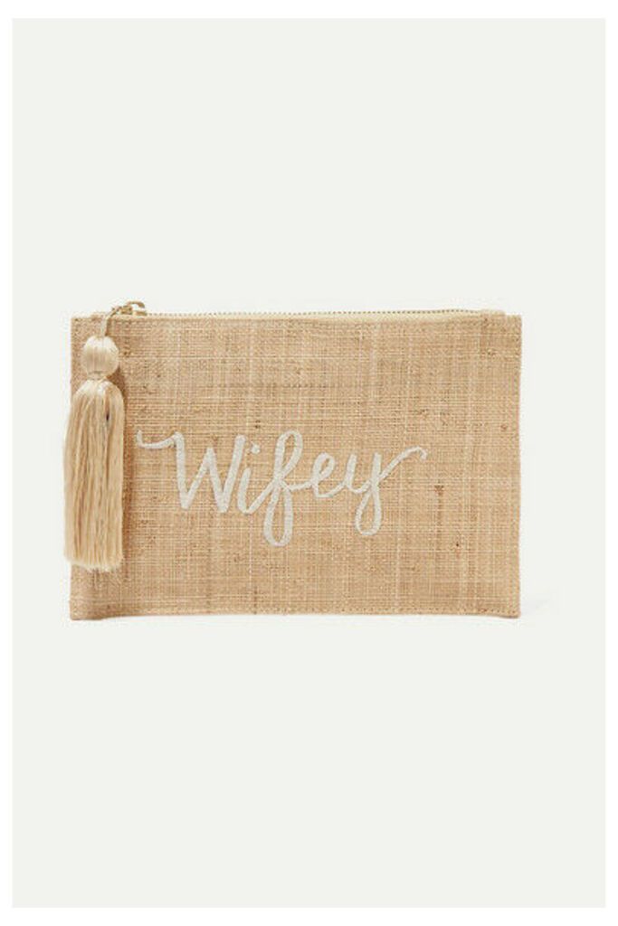 Kayu - Wifey Embroidered Woven Straw Pouch - Sand
