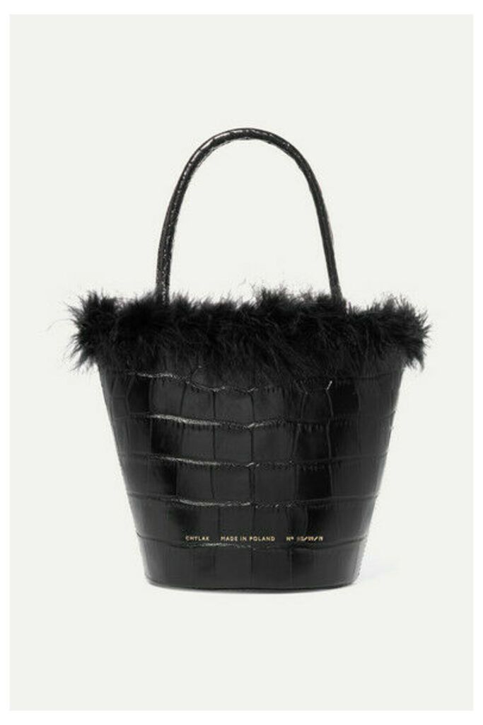 Chylak - Feather-trimmed Croc-effect Leather Tote - Black