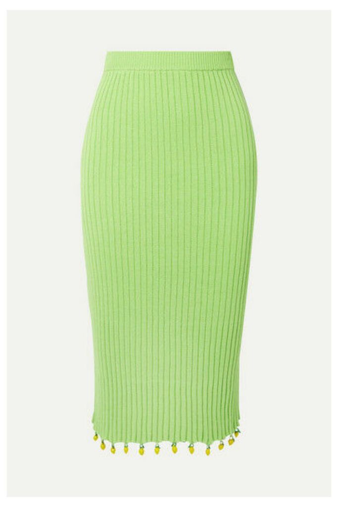 STAUD - Costa Embellished Ribbed Cotton Midi Skirt - Light green