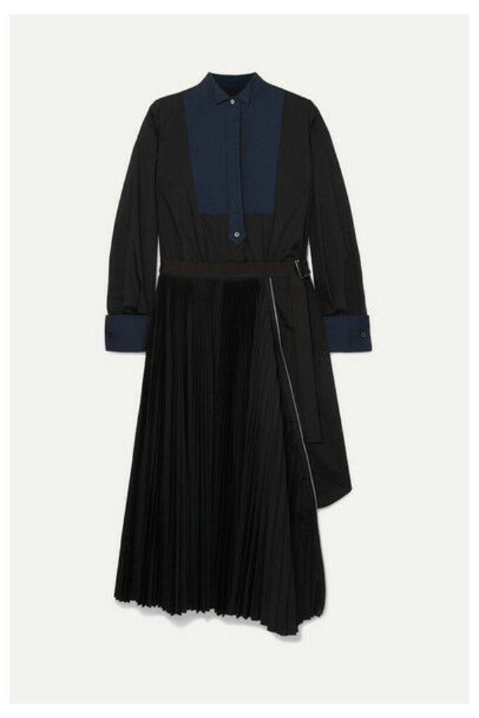 Sacai - Belted Pleated Poplin And Piqué Midi Dress - Black