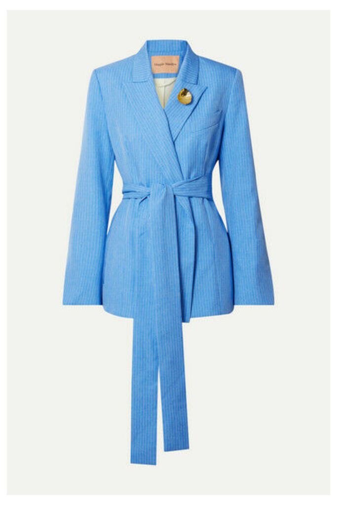 Maggie Marilyn - + Net Sustain Just Getting Started Belted Pinstriped Woven Wrap Blazer - Light blue