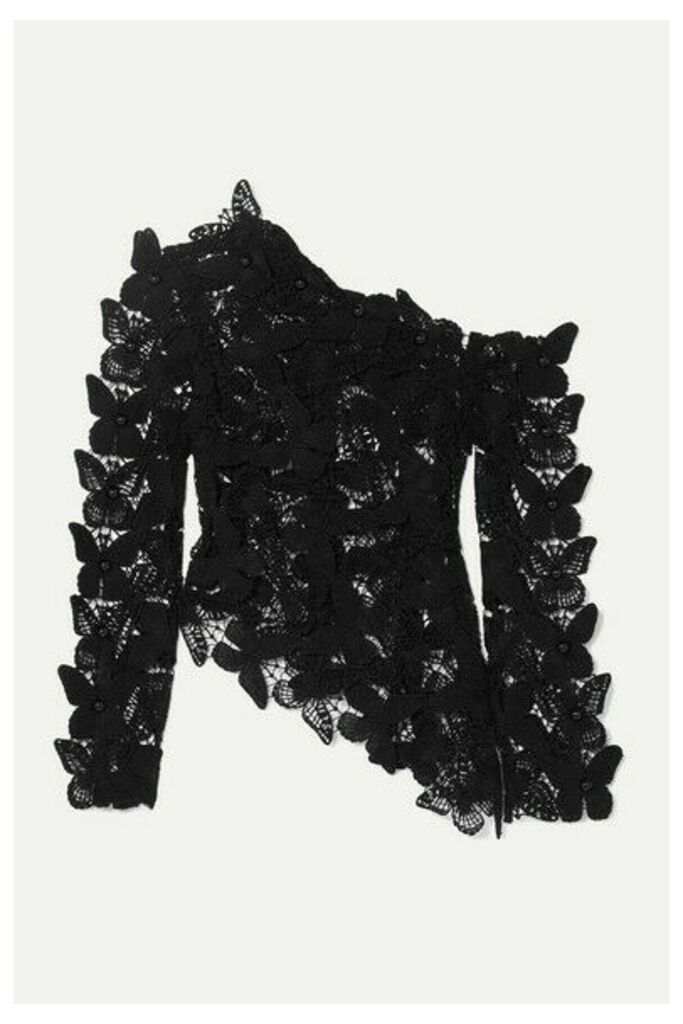 David Koma - Asymmetric Embellished Cotton Macramé Top - Black