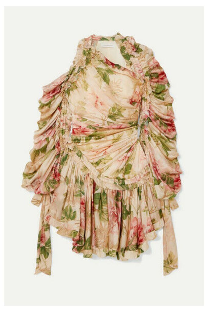 Zimmermann - Espionage Drawn Ruched Asymmetric Floral-print Silk-chiffon Dress - Neutral