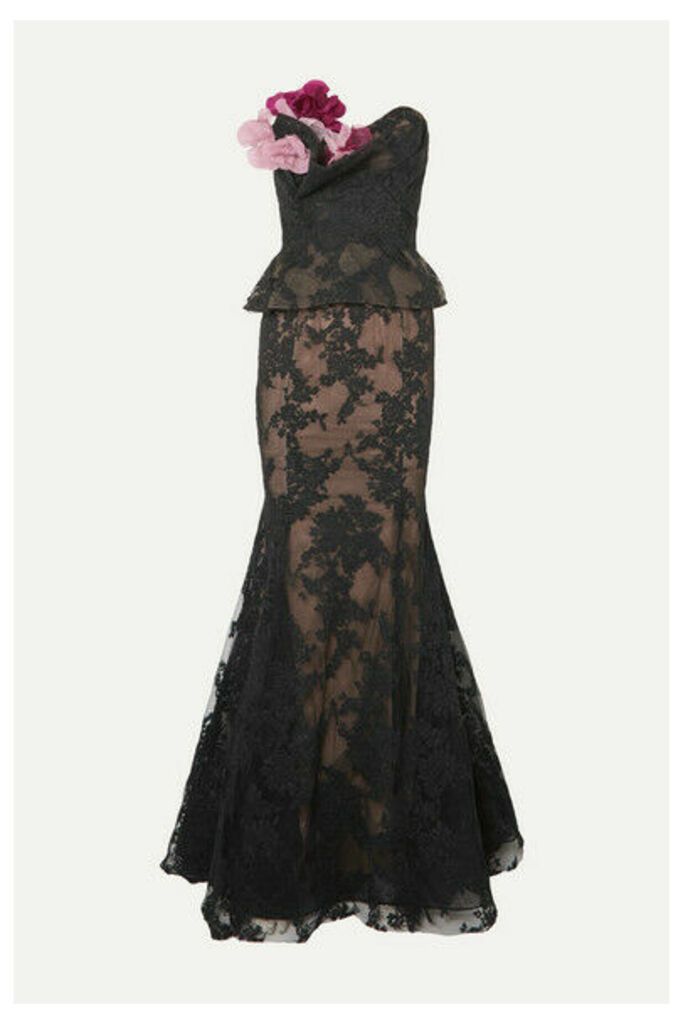 Marchesa - Strapless Appliquéd Corded Lace And Tulle Peplum Gown - Black