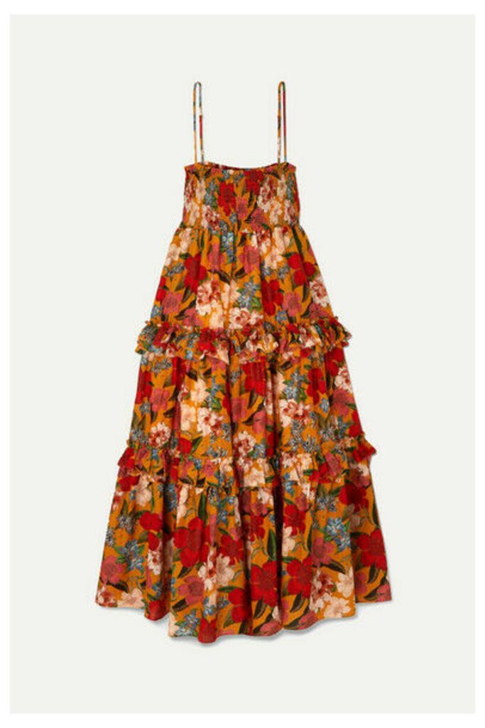 NICHOLAS - Ruffled Shirred Floral-print Cotton And Silk-blend Dress - Orange