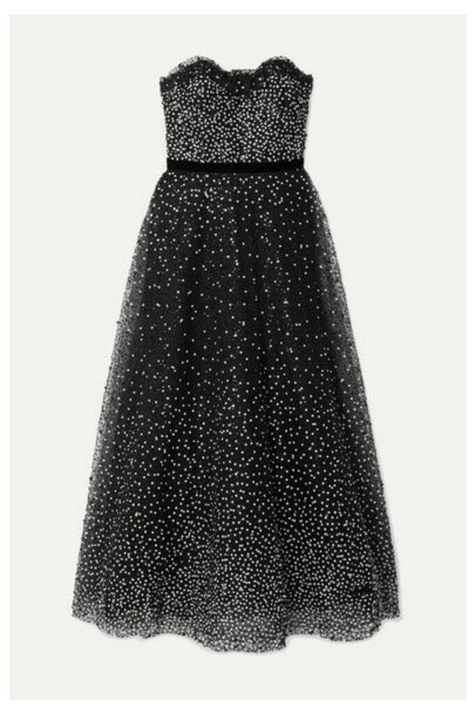 Marchesa - Strapless Velvet-trimmed Embellished Tulle Gown - Black