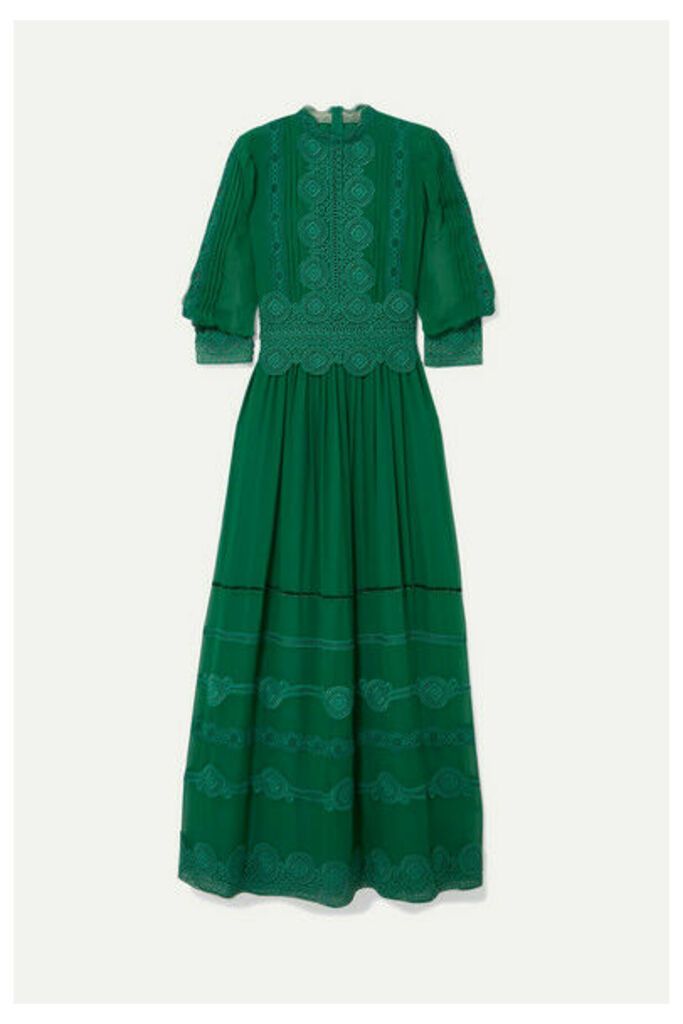 Costarellos - Velvet-trimmed Embroidered Silk-chiffon Gown - Emerald