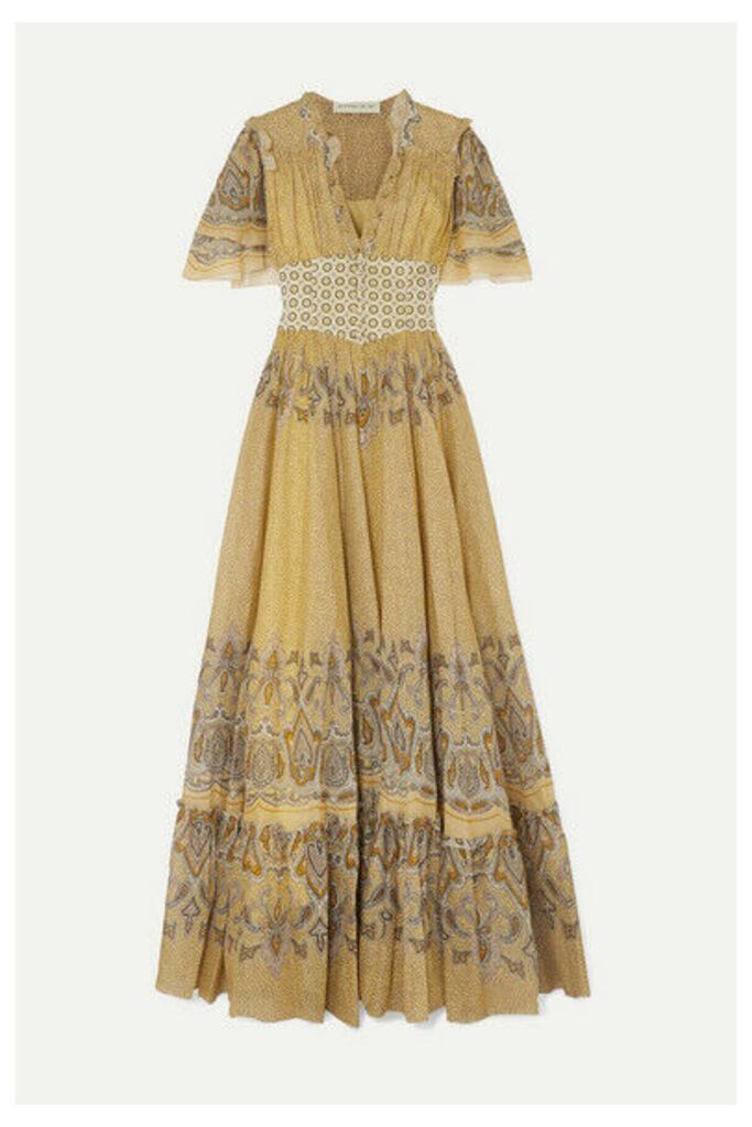 Etro - Ruffled Printed Cotton-voile And Jacquard Maxi Dress - Pastel yellow