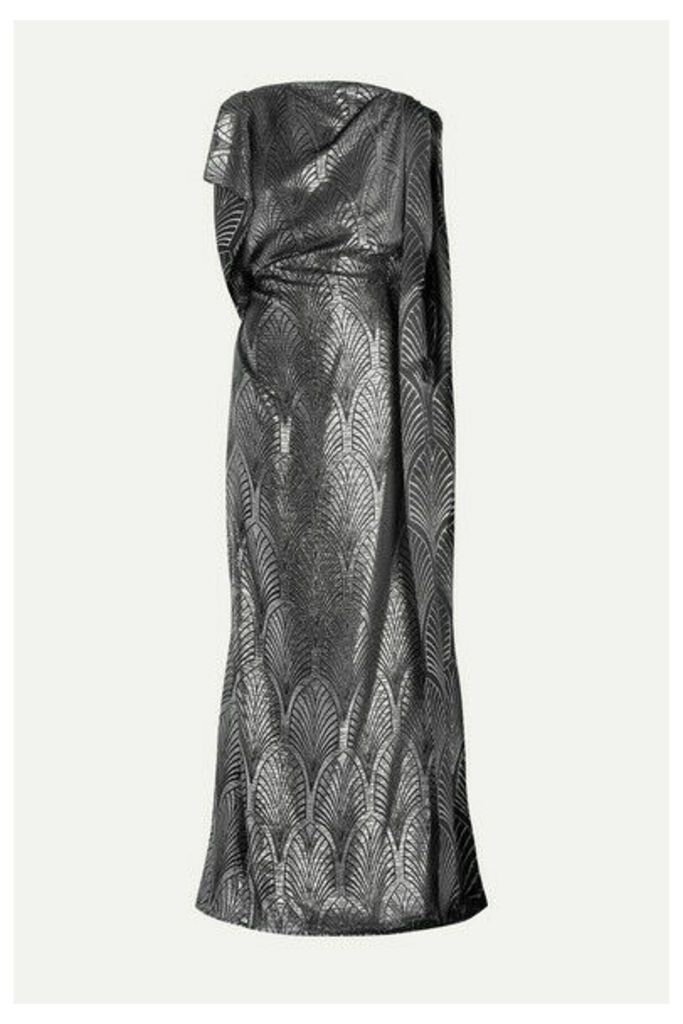 Reem Acra - Draped Velvet-trimmed Metallic Jacquard Gown - Silver